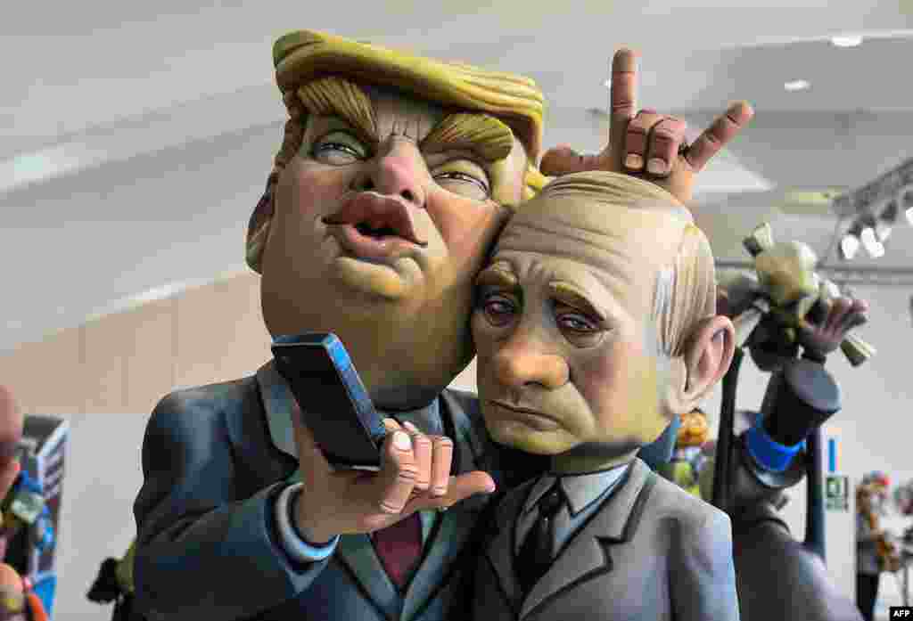 A Ninot, a doll depicting a celebrity that will be set alight during the Fallas festival, representing U.S. President Donald Trump and Russian President Vladimir Putin is displayed in Valencia on March 09, 2018.