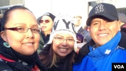 April Draper Uentillie, left, her sister Tierra Draper, center, and husband, Orlando Uentiliie, Native Americans of the Navajo Nation who live in New Mexico, traveled to New York to see their brother, Spike who is performing in the Macy's Thanksgiving Par