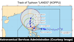 This graphic from the Philippine Atmospheric, Geophysical and Astronomical Services Administration shows the forcasted track for Typhoon Koppu, also called Typhoon Lando, as of Oct. 16, 2015. 