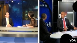 Albanian President Bujar Nishani (L) participates in VOA's Ditari show with Rudina Dervishi. Haitian President Michel Martelly (R) interviewed by Creole Service chief Ronald Cesar.