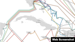 A map of submarine fiber optic cables showing Cuba's near-isolation