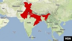 A map showing the areas in north and northeast India affected by the power outages. 