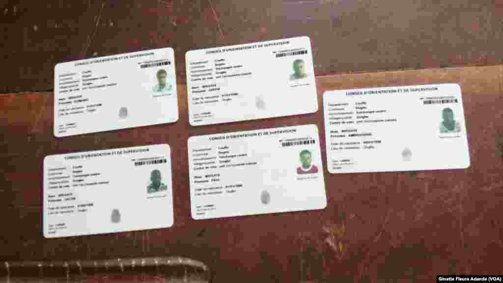 Des exemples des cartes électorales utilisées au Bénin pour la présidentielle, le 6 mars 2016. (VOA/Ginette Fleure Adande)