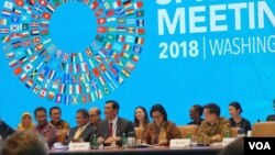 Menko Kemaritiman Luhut Binsar Panjaitan paparkan kesiapan Indonesia menjadi tuan rumah pertemuan tahunan IMF-Bank Dunia di Bali, Oktober nanti, dalam pertemuan teknis di IMF Washington DC Rabu (18/4). (Foto: Eva M/VOA).