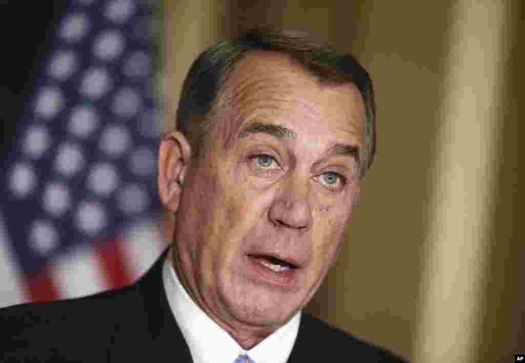 House Speaker John Boehner of Ohio responds to President Barack Obama&#39;s intention to spare millions of illegal immigrants from being deported, a use of executive powers that is setting up a fight with Republicans in Congress over the limits of presidential powers, Washington, Nov. 21, 2014.