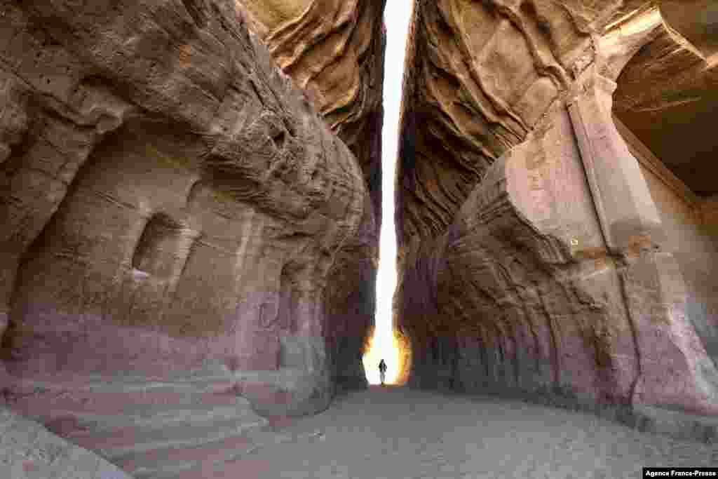 A partial view shows an ancient Nabataean carved tomb at the archaeological site of al-Hijr (Hegra), near the northwestern Saudi city of al-Ula.