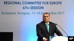 Hungarian Prime Minister Viktor Orban addresses the opening session of the 67th session of the WHO Regional Committee for Europe in Budapest, Sept. 11, 2017.