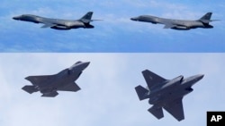 FILE - In this combination of file photos, top: U.S. Air Force B-1B Lancer bombers fly over Japan, July 8, 2017; and two U.S. Air Force F-35 jets arrive at Hill Air Force Base in Utah, Sept. 2, 2015. Two U.S. B-1B bombers and four F-35 stealth fighter jet