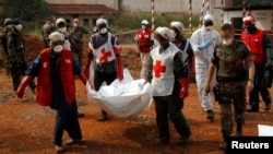Local Red Cross workers move bodies from a mass grave at a military camp in the 200 Villas neighborhood of Bangui, Feb. 17, 2014.