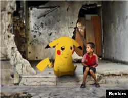 FILE - A Syrian artist combined war in Syria and Pokemon Go, Beirut, July 22, 2016.