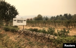 A sign is seen outside the Cline Cellars vineyards as smoke from various wildfires fills in the distance in Sonoma, California, Oct. 11, 2017.