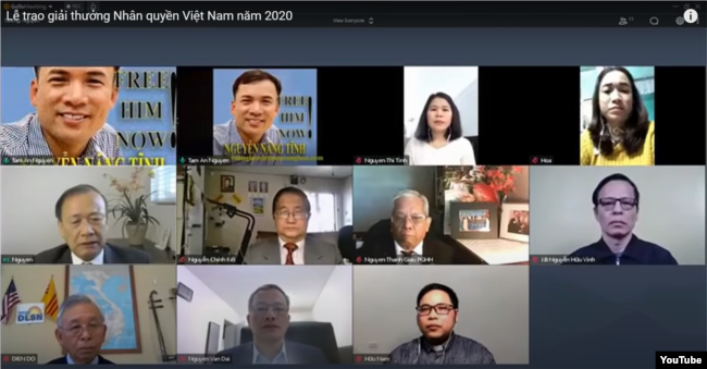 Lễ trao giải của Mạng lưới Nhân quyền Việt Nam 2020, ngày 21/11/2020. YouTube AnTam Nguyen