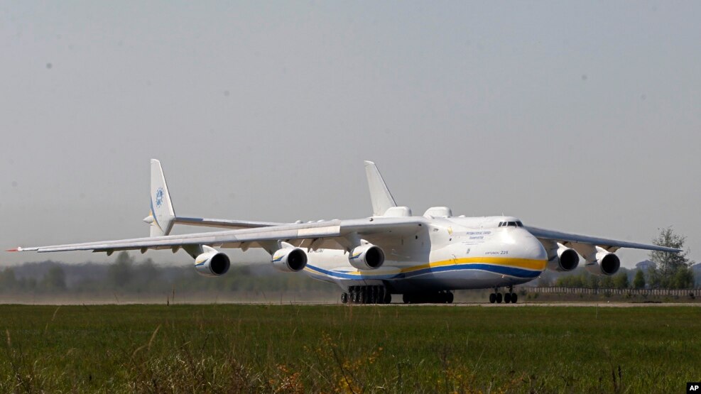 The world's largest airplane, Ukrainian Antonov An-225 Mriya takes off at the airport near Hostomel near Kiev , Ukraine, Tuesday, May 10, 2016. 