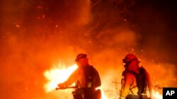 Para petugas pemadam kebakaran memadamkan api kebakaran lahan di Riverside, California, 31 Oktober 2019. (Foto: AP)
