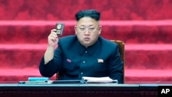 FILE - In this April 9, 2014, image made from video, North Korean leader Kim Jong Un holds up parliament membership certificate during the Supreme People's Assembly in Pyongyang, North Korea.