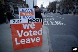 A pro-Brexit leave the European Union supporter demonstrates with placards outside the Houses of Parliament in London, Jan. 21, 2019.
