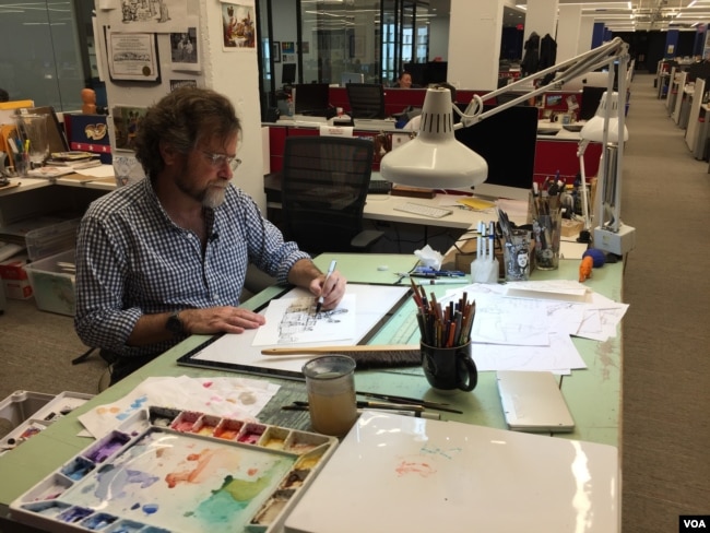 Matt Wuerker, a Pulitzer-Prize winning cartoonist at Politico, creates an average of three cartoons a week. (J.Taboh/VOA)