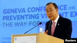 U.N. Secretary-General Ban Ki-moon addresses the Conference on the Prevention of Violent Extremism at the United Nations in Geneva, Switzerland, April 8, 2016.