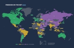 Binafsha rangdagi hududlar - internet erkinligi cheklangan mamlakatlar. Yashil rangdagilar - erkin, sariq rangdagilar esa qisman erkin.