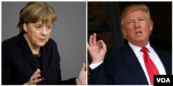 FILE - German Chancellor Angela Merkel and President Donald Trump are shown in composite file photos.