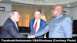 Ntoma to ambassadeur ya Etats-Unis, Mike Hammer (G), elongo na mokambi ya USAID Mark Green (C), n a bokutani na mokonzi ya mboka Félix Tshisekedi, na Cité ya union Africaine, Kinshasa, 19 août 2019. (Facebook/Ambassade USA/Kinshasa)