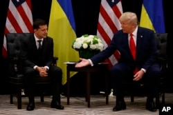 President Donald Trump meets with Ukrainian President Volodymyr Zelenskiy at the InterContinental Barclay New York hotel during the United Nations General Assembly, Sept. 25, 2019, in New York.