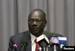 FILE - South Sudanese information minister, Michael Makue attends a press conference in Addis Ababa, Ethiopia, Jan. 5, 2014.