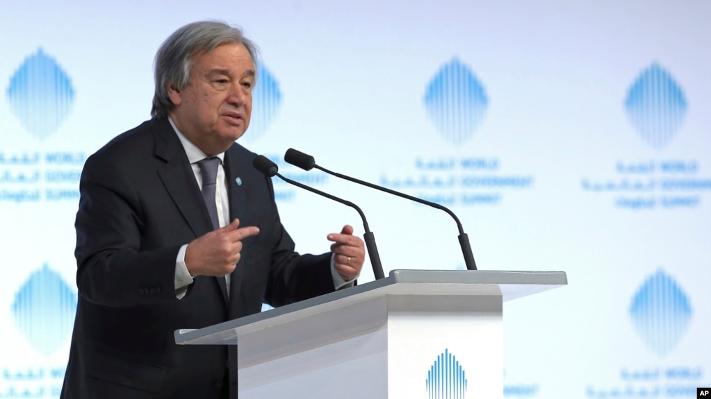 FILE - The United Nations Secretary-General Antonio Guterres speaks during the 2nd day of the World Government Summit in Dubai, United Arab Emirates, Monday, Feb. 13, 2017.
