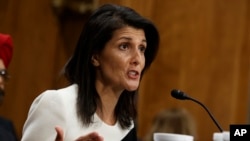 UN Ambassador-designate, South Carolina Gov. Nikki Haley testifies on Capitol Hill in Washington, Jan. 18, 2017, at her conformation hearing before the Senate Foreign Relations Committee. 