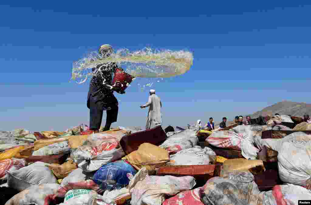 An Afghan man prepares to burn a pile of illegal narcotics on the outskirts of Jalalabad.