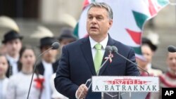 Hungarian Prime Minister Viktor Orban speaks during a ceremony celebrating the national holiday, the 169th anniversary of the outbreak of the 1848 revolution and war of independence against the Habsburg rule at the Hungarian National Museum in Budapest, Hungary, March 15, 2017.