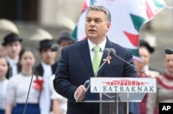 Hungarian Prime Minister Viktor Orban delivers his speech during a ceremony celebrating the national holiday, the 169th anniversary of the outbreak of the 1848 revolution and war of independence against the Habsburg rule at the Hungarian National Museum in Budapest, Hungary, March 15, 2017.