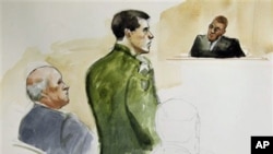 In this courtroom sketch made Wednesday, March 23, 2011, Spc. Jeremy Morlock, center, of Wasilla, Alaska, is shown with his attorney, left, and Military Judge Lt. Col. Kwasi Hawks, right during a court martial at Joint Base Lewis-McChord in Washington sta