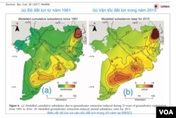 Biểu đồ độ lún và vận tốc đất lún trong 25 năm tại Đồng Bằng Sông Cửu Long. [nguồn: Environ.Res.Lett. 12 (2017) với ghi chú của KS Phạm Phan Long, Viet Ecology Foundation]. Hiện nay, rất nhiều giếng tầng nông và bơm bằng tay đều bị nhiễm mặn nhiễm phèn, nước giếng không còn dùng được, và nay người nông dân phải khoan sâu 400-500m để tìm được nguồn nước ngọt, mặt bằng ĐBSCL đang bị sụt lún nhanh chóng vì các tầng nước ngầm đang bị tận cùng khai thác.