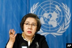 FILE - Yanghee Lee, special rapporteur on the situation of human rights in Myanmar, speaks before the Human Rights Council, at the European headquarters of the United Nations, in Geneva, Switzerland, March 13, 2017.