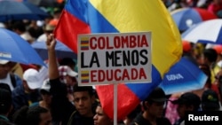 Colombian teachers and unions protest, demanding better salaries and working conditions, in Bogota, Colombia, June 6, 2017.