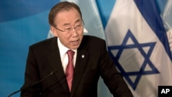 U.N. Secretary-General Ban Ki-Moon speaks during a joint press conference with Israeli Prime Minister Benjamin Netanyahu at the prime minister's office in Jerusalem, Oct, 13, 2014.