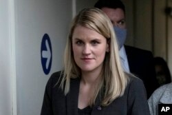 Facebook whistleblower Frances Haugen leaves after giving evidence to the joint committee for the Draft Online Safety Bill, as part of British government plans for social media regulation, at the Houses of Parliament, in London, Oct. 25, 2021.