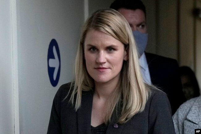 Facebook whistleblower Frances Haugen leaves after giving evidence to the joint committee for the Draft Online Safety Bill, as part of British government plans for social media regulation, at the Houses of Parliament, in London, Oct. 25, 2021.