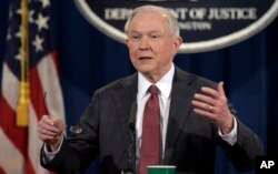 Attorney General Jeff Sessions speaks during a news conference at the Justice Department in Washington, March 2, 2017.