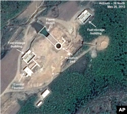 This May 26, 2013 satellite image taken by Astrium, and annotated and distributed by 38 North shows an unfinished new launch pad, center, at the Tonghae facility in North Korea. (AP Photo/Astrium - 38 North)