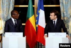 French President Emmanuel Macron and President Patrice Talon of Benin hold a joint press conference after a meeting at the Elysee Palace in Paris, France, March 5, 2018.
