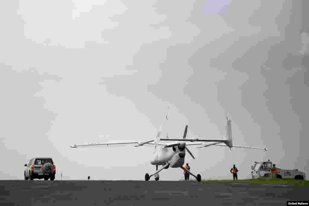 A MONUSCO Unarmed Aerial Vehicle (UAV) at a Goma airport during an official launch ceremony, Dec. 3, 2013.