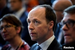 FILE - Finns Party leader Jussi Halla-aho in Helsinki, Finland, Feb. 27, 2019.