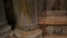 The damage from the salt from floods seen at St. Mark's Basilica in Venice, Italy, Thursday, Oct. 7, 2021. Winds pushed 1.87 meters of water into Venice in November 2019. This flood, along with four others that happened over the following six weeks, caused fears in Venetians over the effects of climate change. (AP Photo/Antonio Calanni)
