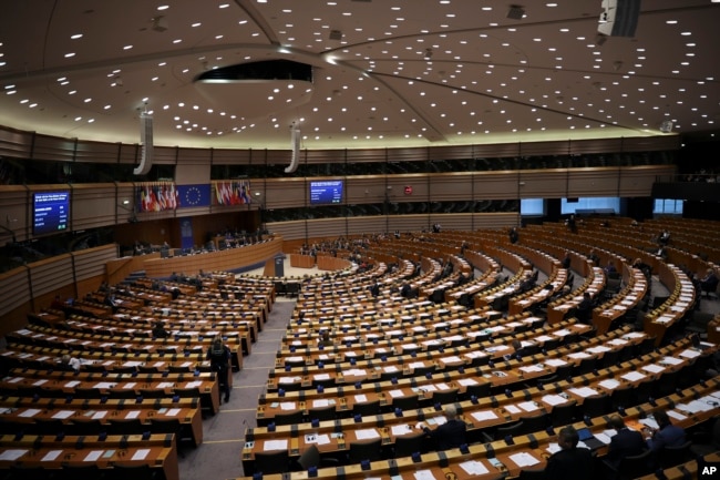 FILE - European Parliament members attend a plenary session at the European Parliament in Brussels, Belgium, Jan. 31, 2019.