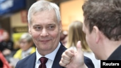 Social Democratic Party Chairman Antti Rinne campaigns for the Finnish parliamentary elections in Espoo, Finland, April 13, 2019.