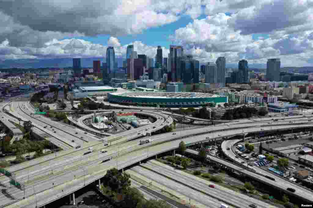 A general view of freeways leading into downtown Los Angeles after California issued a stay-at-home order due to coronavirus disease (COVID-19) in Los Angeles, California, March 23, 2020.