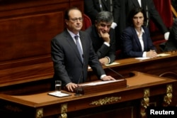 French President Francois Hollande delivers a speech at a special congress of the joint upper and lower houses of parliament at the Palace of Versailles, near Paris, France, Nov. 16, 2015.