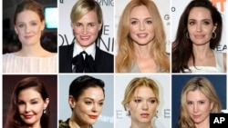 This combination photo shows actresses listed in alphabetical order, top row from left, Asia Argento, Rosanna Arquette, Jessica Barth, Cara Delevingne, Romola Garai, Judith Godreche, Heather Graham, Angelina Jolie, Ashley Judd, Rose McGowan, Lea Seydoux and Mira Sorvino, who have made allegations against producer Harvey Weinstein. (AP Photo/File)